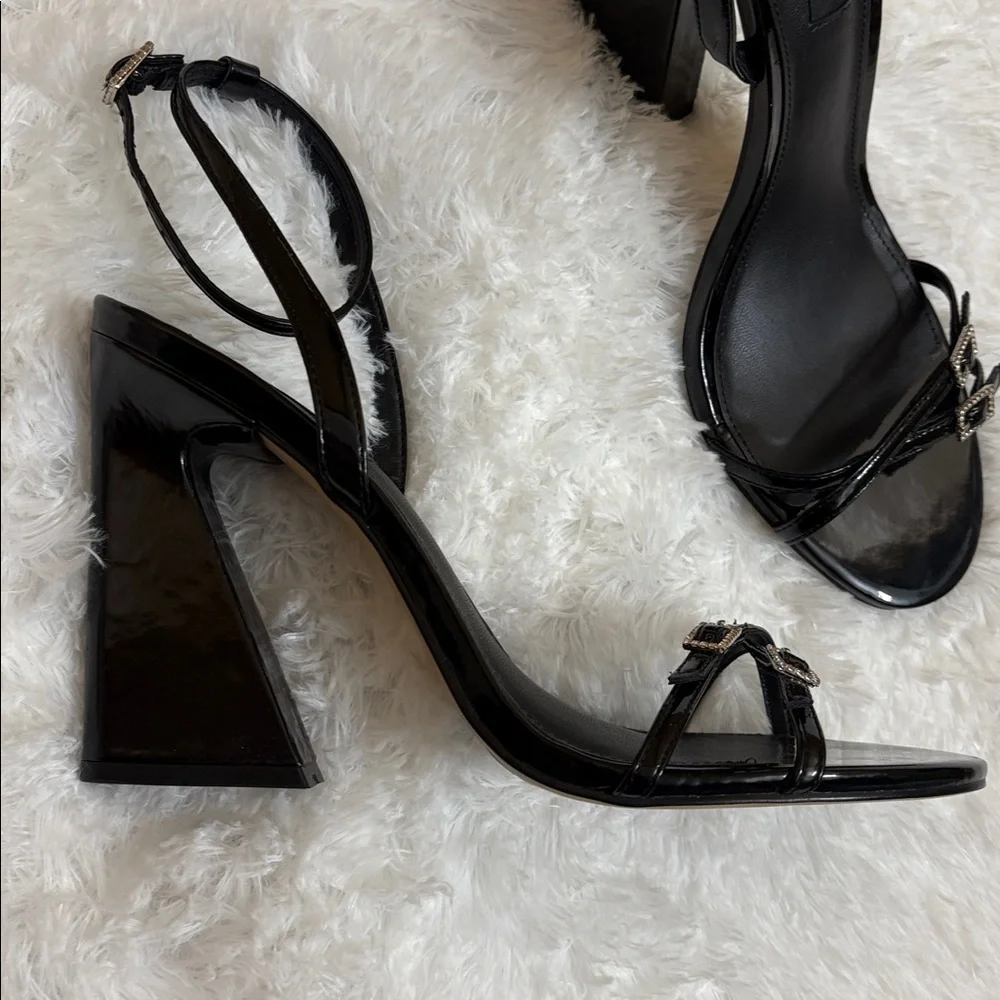 NEW Without Box Aqua Black Strappy Block Heels With Rhinestone Detailing 9.5B